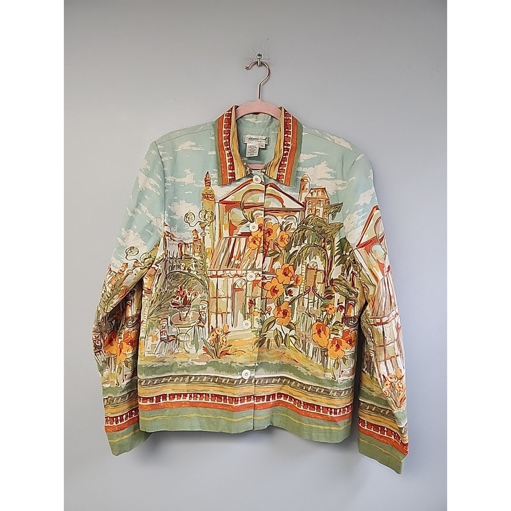 Coldwater Creek Sz M Spring Europe City Scape Linen Jacket Blue Orange